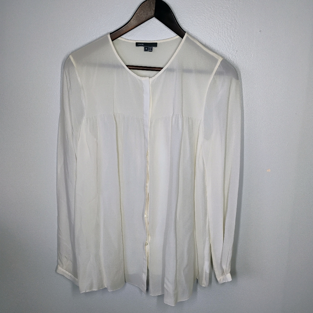 Vince Silk Chiffon Sheer Blouse Ivory Womens 8 Button Down Flowy Career Office